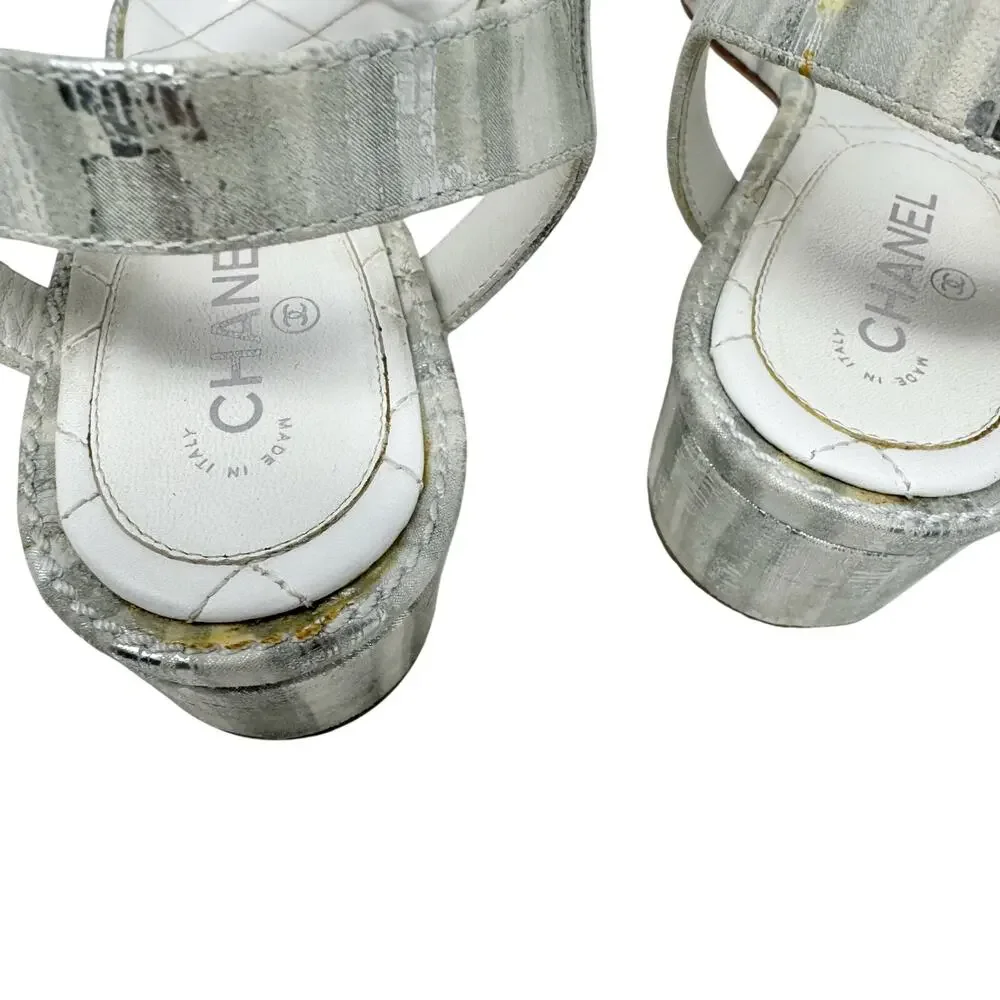 Chanel 20P Silver Laminated Quilted CC Thong Block Heel Sandals 37.5 Box
